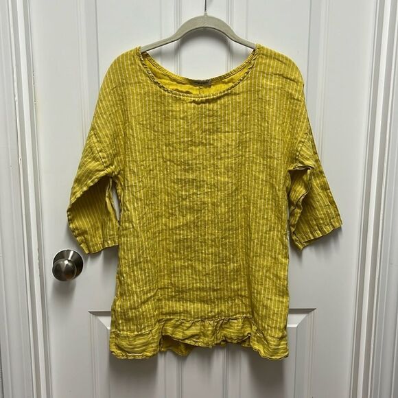 Lungo L’Arno Tops - Lungo L'Arno Mustard Linen Ruffled Top - Large